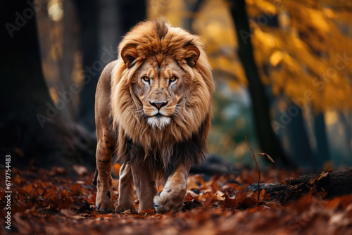 A lion with a beautiful mane lies on the ground.