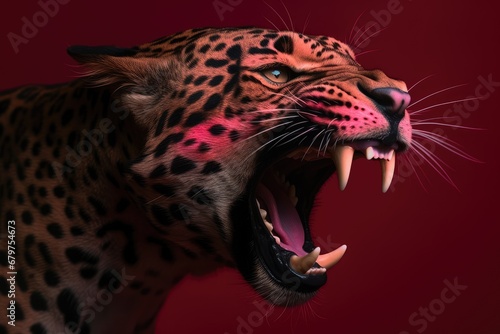 Roaring leopard on dark pink background with neon light. Angry big cat, aggressive jaguar attacking. Animal for poster, print, card, banner photo