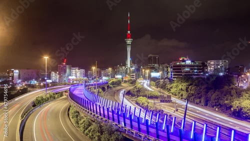 Time lapse of a freeway and skyline of Auckland, New Zealand. photo