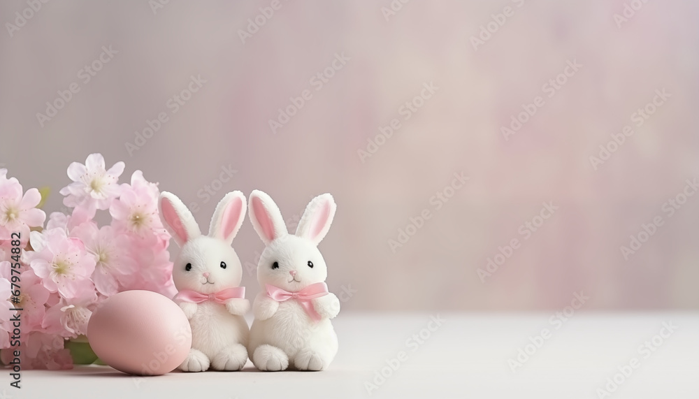 Fototapeta premium Easter Bunnies and Pink Flowers on a Pastel Background