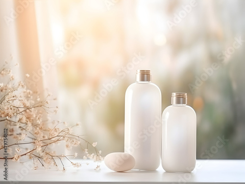  Mock up for background, showcase, white empty luxuty bottle of cosmetic, on the table