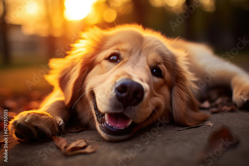 Cute golden retriever laying on his back