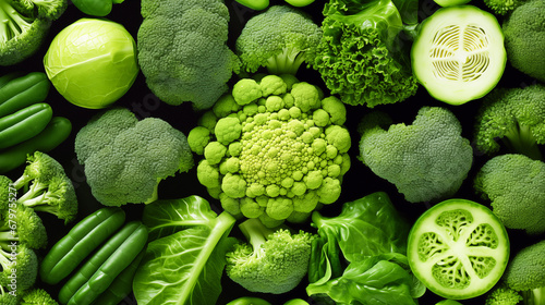 Green vegetables background high angle view. Healthy food and dieting.