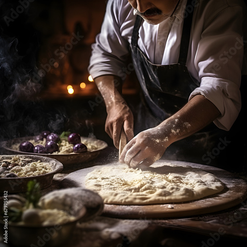close up artisanal pizza maker creating a rustic pizza ingredients in a dark.