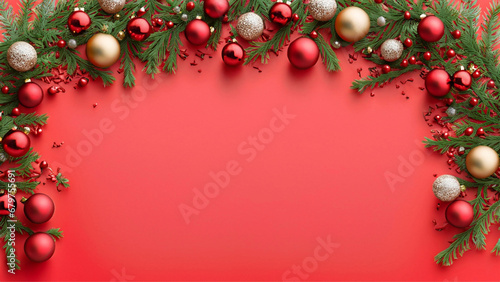 Fundo natalino vermelho com enfeites ao redor do quadro. Galhos de pinheiro e bolas de natal. Com espaço para texto. photo