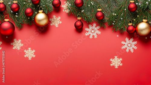 Fundo natalino vermelho com enfeites ao redor do quadro. Galhos de pinheiro e bolas de natal. Com espaço para texto. photo
