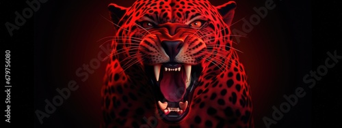 Roaring leopard on black background with neon red light. Angry big cat, aggressive jaguar attacking. Animal for poster, print, card, banner