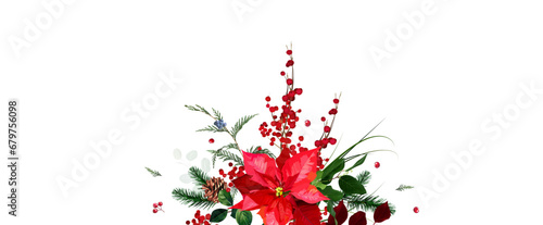 Christmas poinsettia, emerald greenery, red berry, cedar, salal, pine cone vector design frame