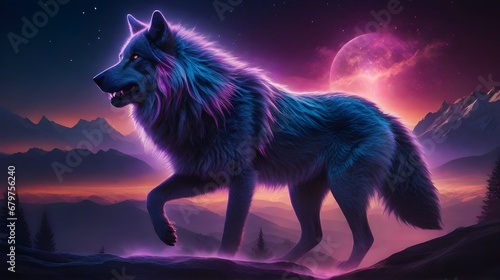 Giant gray alpha wolf wandering in the night through a mountainous region with a red moon in the background photo