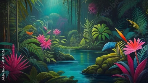 Tropical paradise jungle witha flowing river and exotic flowers trees and plants © Koto