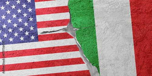 USA and Italy flags on a stone wall with a crack, illustration of the concept of a global crisis in political and economic relations