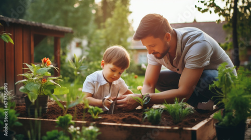 Wallpaper Mural A happy young man is planting and his little son is helping him. Generative AI Torontodigital.ca