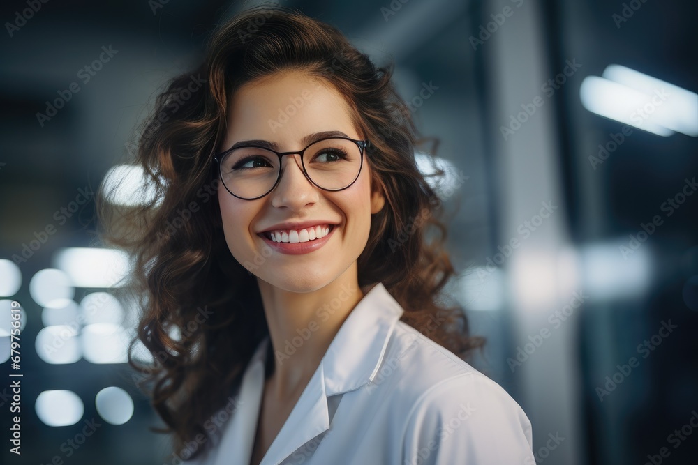 Fototapeta premium Young female research scientist in well-lit lab, wearing white coat and smiling