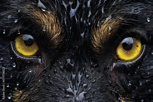 Closeup of a black wolf with yellow eyes on dark background. Wet canadian wolf in heavy rain. Banner with wild animal in nature habitat. Wildlife scene