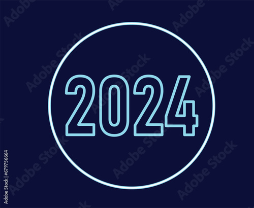 2024 Happy New Year Holiday Graphic Design Neon Abstract Vector Logo Symbol Illustration With Blue Background