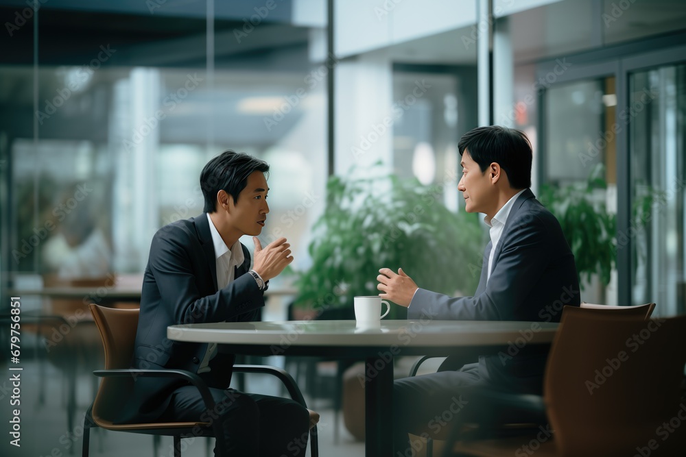 Two sharply-dressed businessmen in a modern office, exchanging ideas with confidence and attentiveness. Clean lines, polished surfaces, and natural light create a professional atmosphere Two sharply-dressed businessmen in a modern office, exchanging ideas with confidence and attentiveness. Clean lines, polished surfaces, and natural light create a professional atmosphere