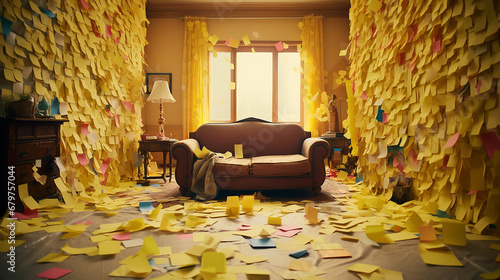Creative Chaos and Multitasking: Room Flooded with Sticky Notes
