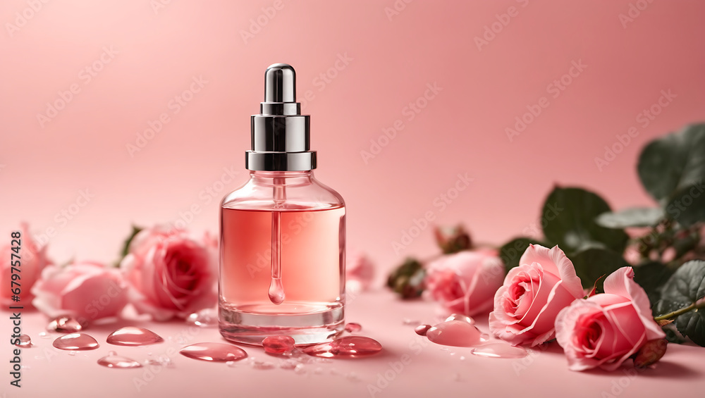 Stylish Cosmetic serum mockup with rose extract. Glass bottles with pipette dispenser on pink background with natural shadows. Beauty and care concept. Stylish Cosmetic serum mockup with rose extract. Glass bottles with pipette dispenser on pink background with natural shadows. Beauty and care concept.