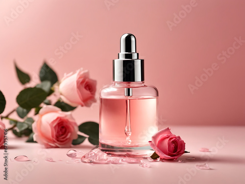Stylish Cosmetic serum mockup with rose extract. Glass bottles with pipette dispenser on pink background with natural shadows. Beauty and care concept.