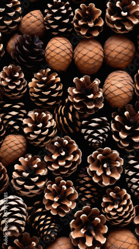 Christmas background with pine cones and nuts. Flat lay, top view.