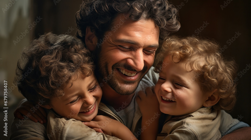 Father giving two twins sons ride on back in park. Portrait of happy father giving son piggyback ride on his shoulders and looking up. Cute boy with dad playing outdoor. Father giving two twins sons ride on back in park. Portrait of happy father giving son piggyback ride on his shoulders and looking up. Cute boy with dad playing outdoor.