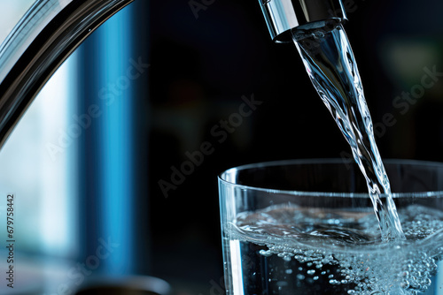 Filling up a glass with drinking water from kitchen tap