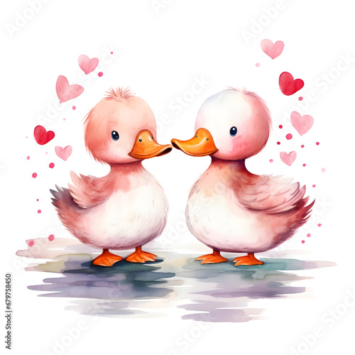 Lovely couple duck in valentine day, watercolor illustration 