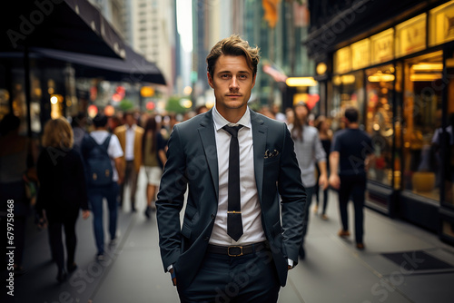 A young handsome businessman in a suit walking confidently on a busy city street.