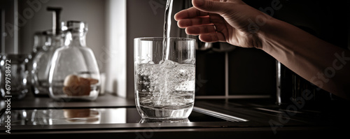 Filling up a glass with drinking water from kitchen tap photo