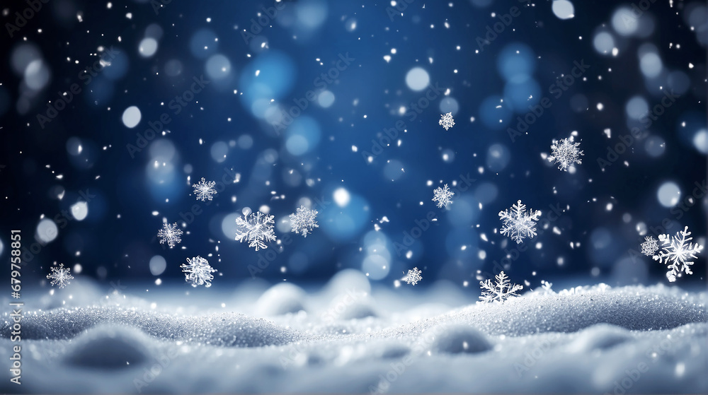 Falling snowflakes on a blue night sky background. Bokeh with white snow and snowflakes on a blue background Falling snowflakes on a blue night sky background. Bokeh with white snow and snowflakes on a blue background
