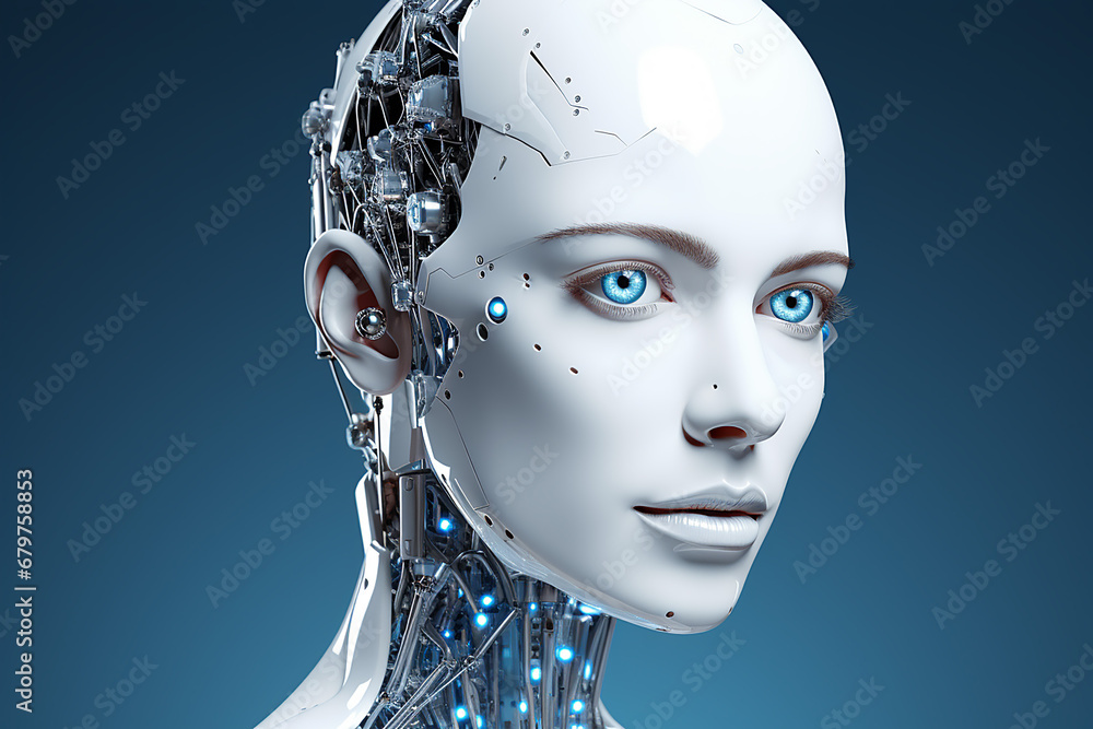 Portrait of a beautiful robot woman in white and blue with glass eyes.