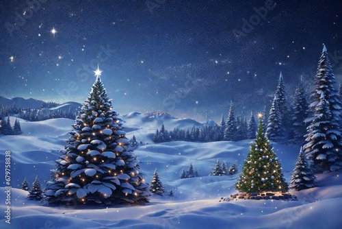 Christmas background with christmas tree, snow and stars. Beautiful christmas night. © Юлия Васильева