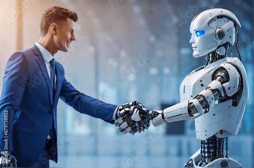 Businessman and robot shaking hands with each other. 3d rendering