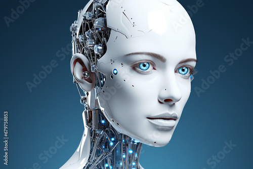 Portrait of a beautiful robot woman in white and blue with glass eyes.