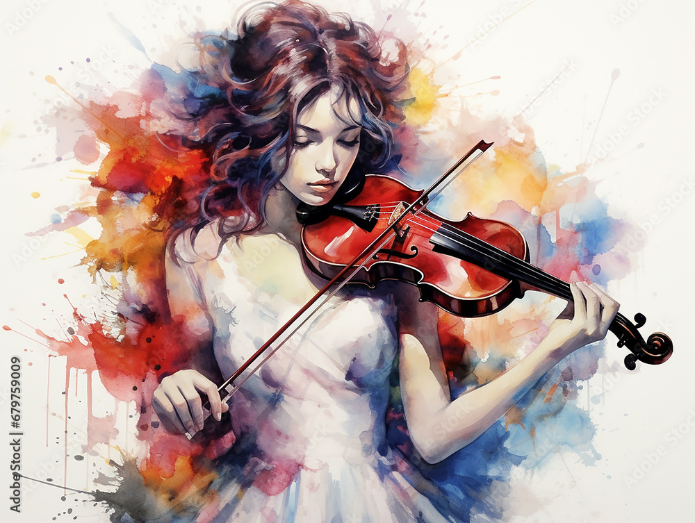 garota tocando violino arte aquarela 