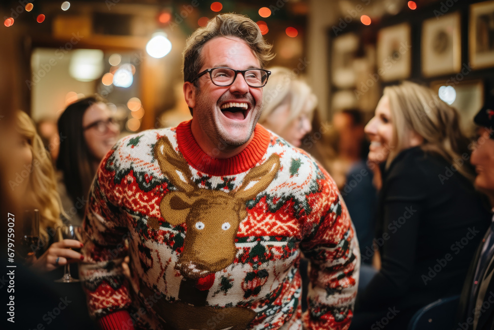 Office christmas party, people wearing humorous holiday sweaters and having fun	