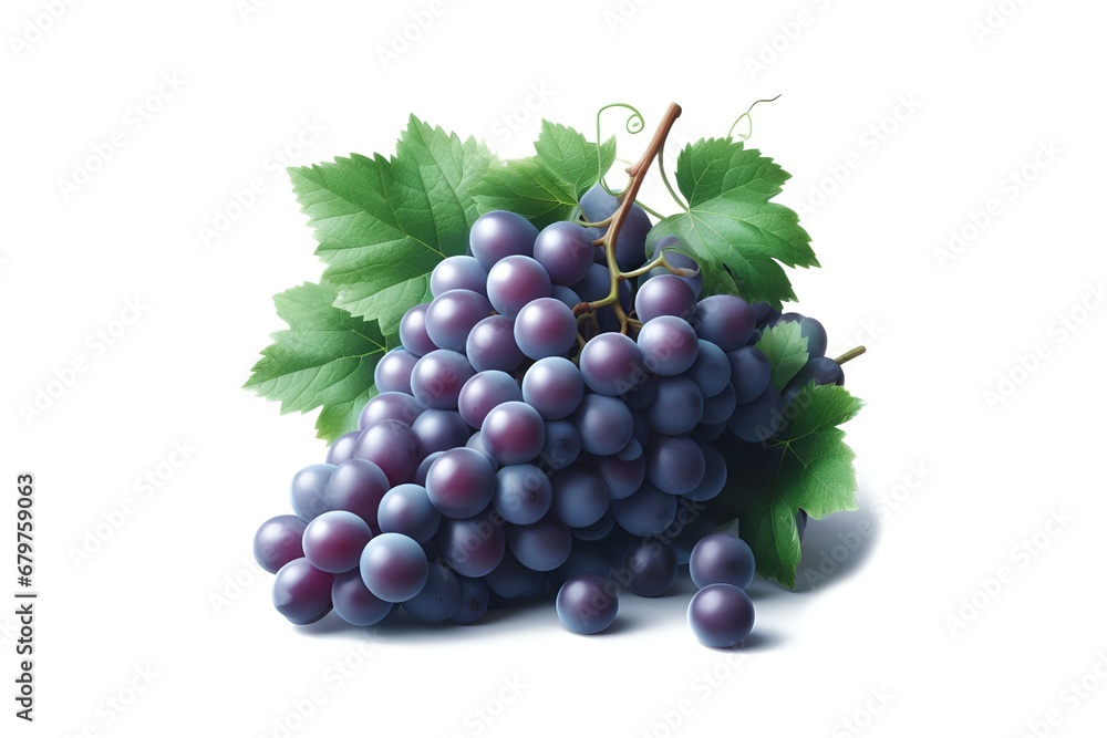 Fototapeta premium A bunch of purple grapes with grape leaves on a white background.with AI generated