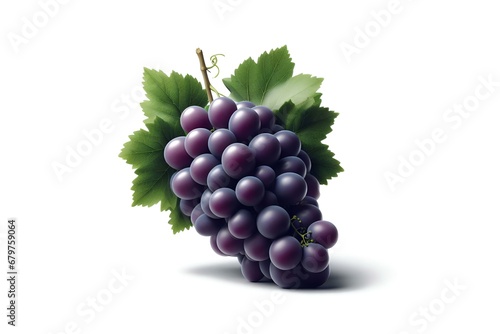 A bunch of purple grapes with grape leaves on a white background.with AI generated