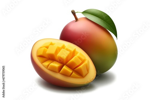 One and half ripe mango fruit on white background with AI generated