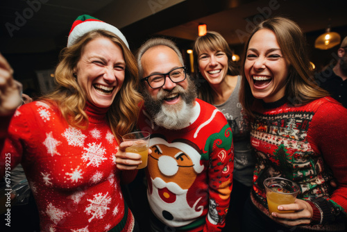 Office christmas party, people wearing humorous holiday sweaters and having fun 