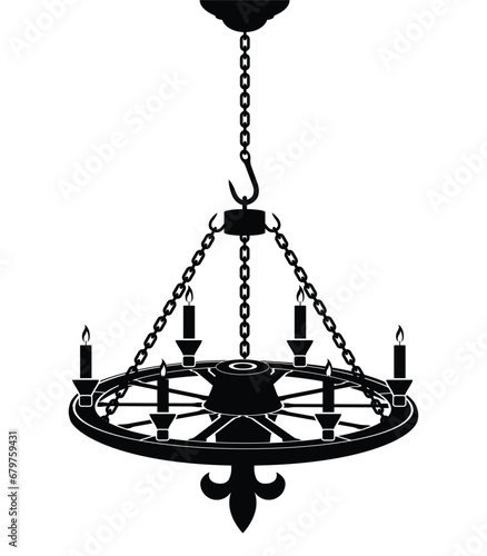 Chandelier with candle made from wagon wheel, hanging from a chain, vector illustration