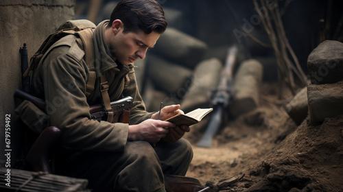 Soldier man working on a tablet while at war. Generative AI