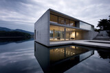 bâtiment moderne d'architecte contemporain avec de larges baies vitrées, structure à base de béton brut et de ligne pure 