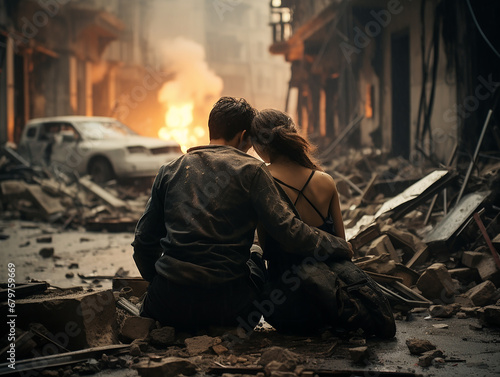 casal abraçado se reencontrando em meio a destroços de guerra photo