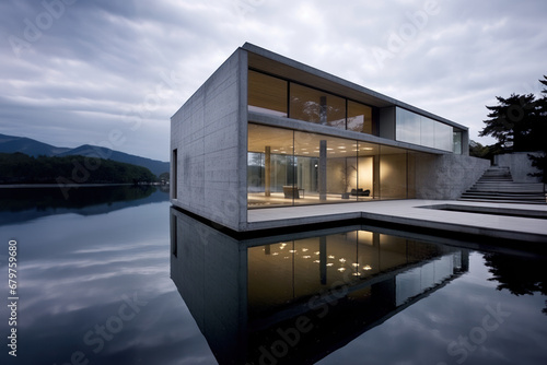 bâtiment moderne d'architecte contemporain avec de larges baies vitrées, structure à base de béton brut et de ligne pure  photo