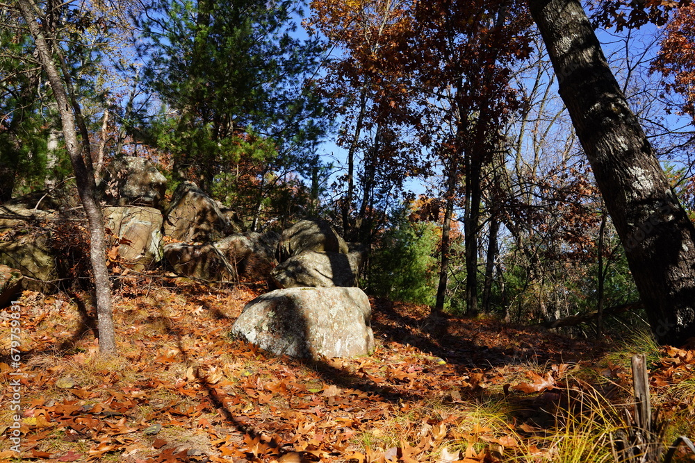 Fototapeta premium Tall rock stone formations sit in a forest for rock climbing.