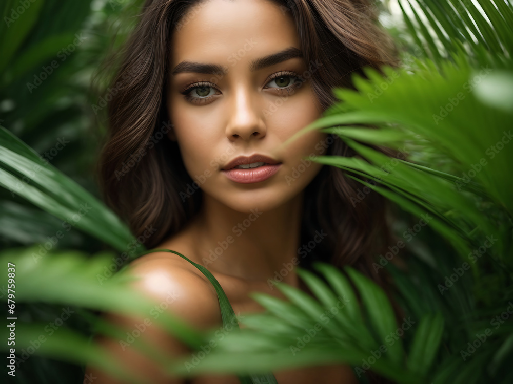 Fototapeta premium Beautiful young woman with healthy skin, palm leaves and green plants. The concept of skin care and how to get radiant and healthy skin