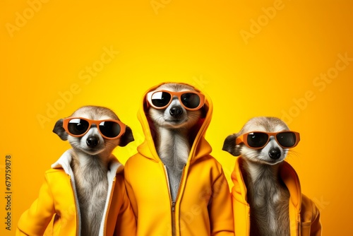 Fototapeta Stylish Meerkats in Yellow Hoodies.