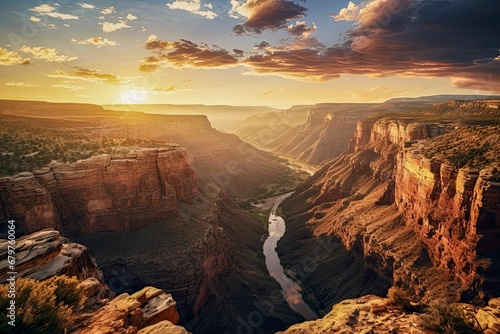 AI-generated illustration of the breathtaking canyon illuminated by a beautiful sunset