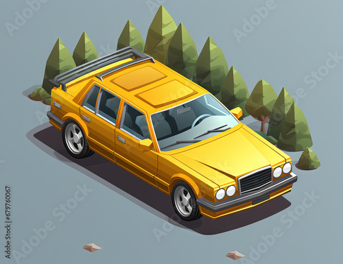 Isometric retro car travelling with elements of environment.